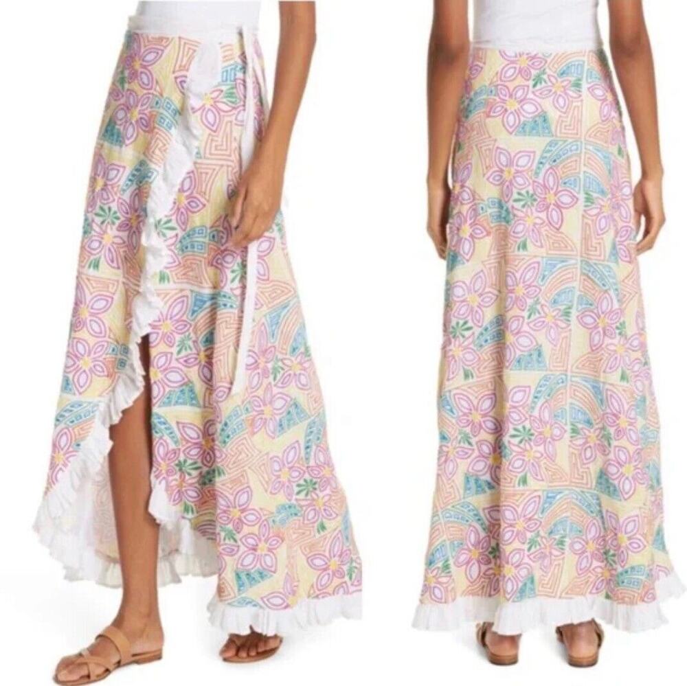 All Things Mochi Linen Wrap Skirt Womens White Embroidered Rainbow Floral Size M